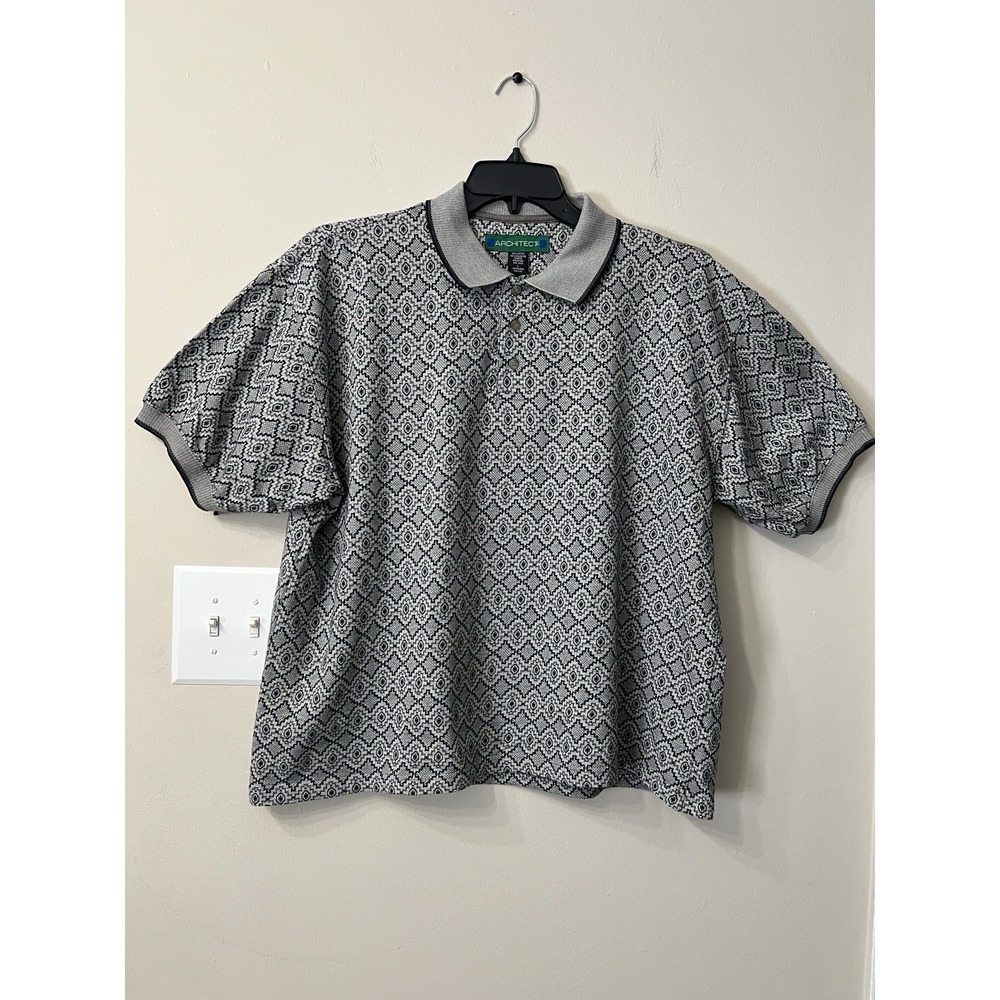 Vintage Architect Gray Geometric Aztec Knit Polo Shirt Men's Large Y2K Casual